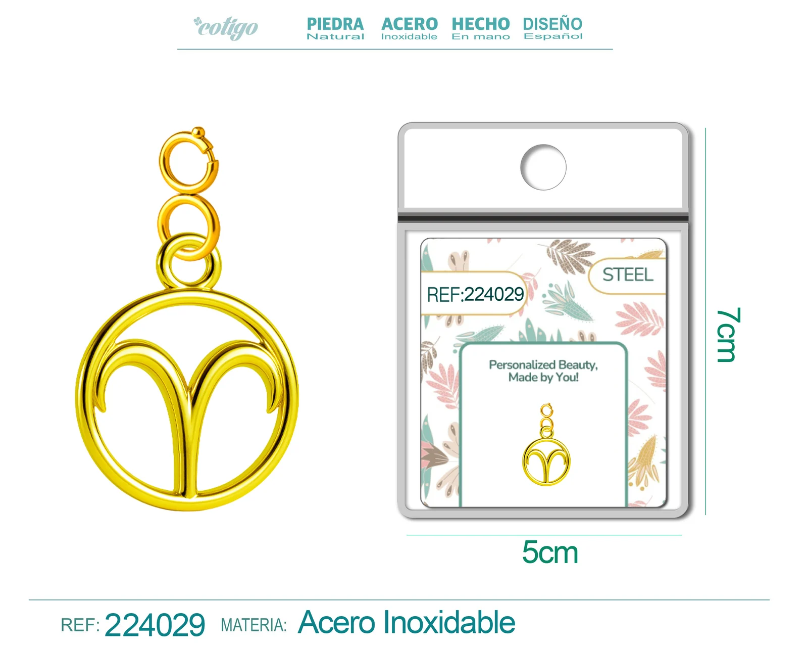 CHARM DE ZODÍACO ÁRIES ACERO COLOR DORADO-CON CIERRE