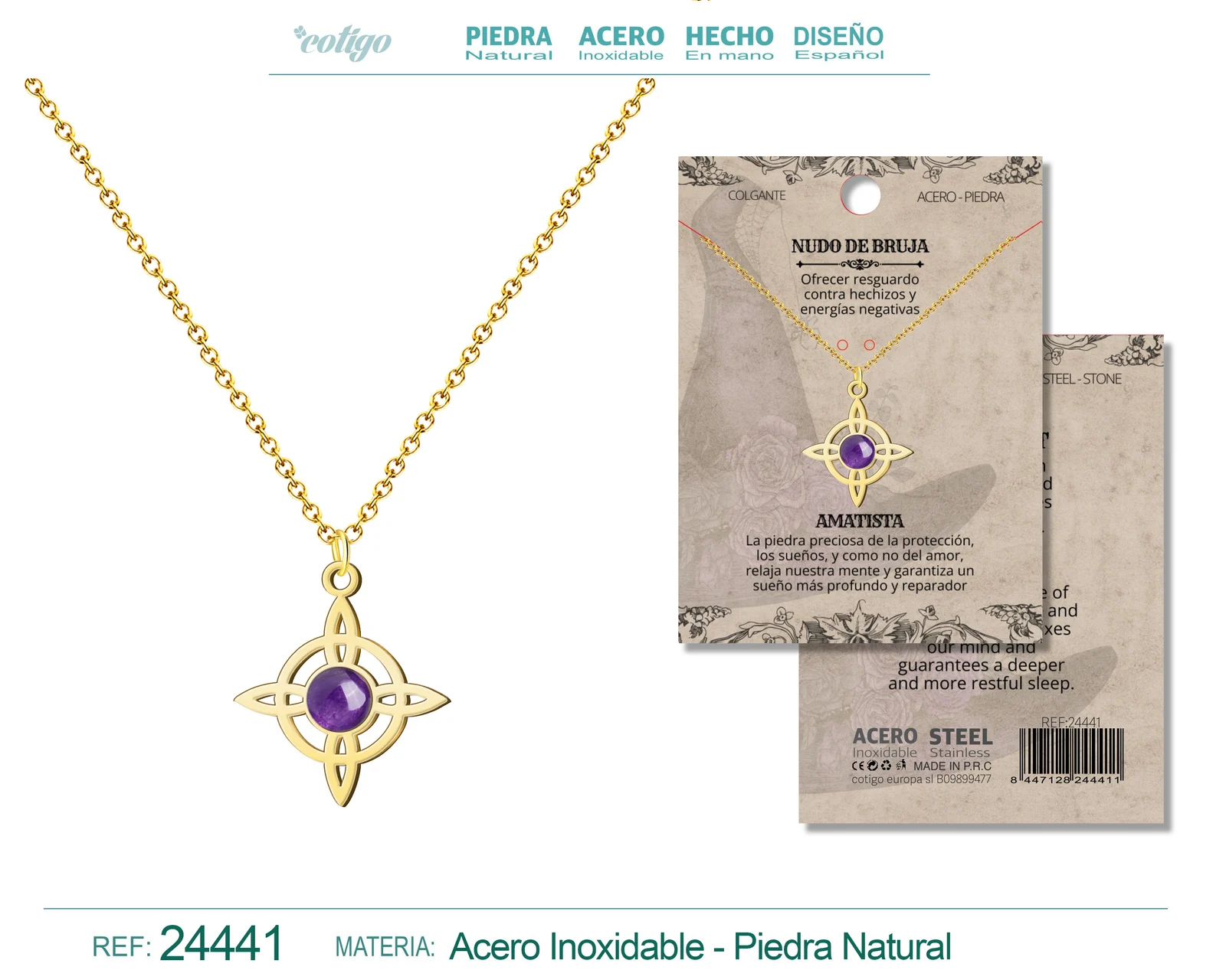 COLGANTE NUDO DE BRUJA ACERO DORADO CON AMATISTA