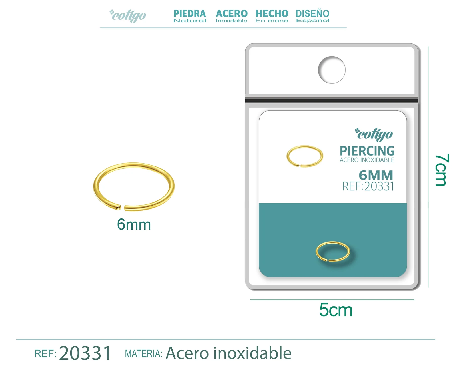 PIRERCING ACERO ANTIALERGICO COLOR DORADO