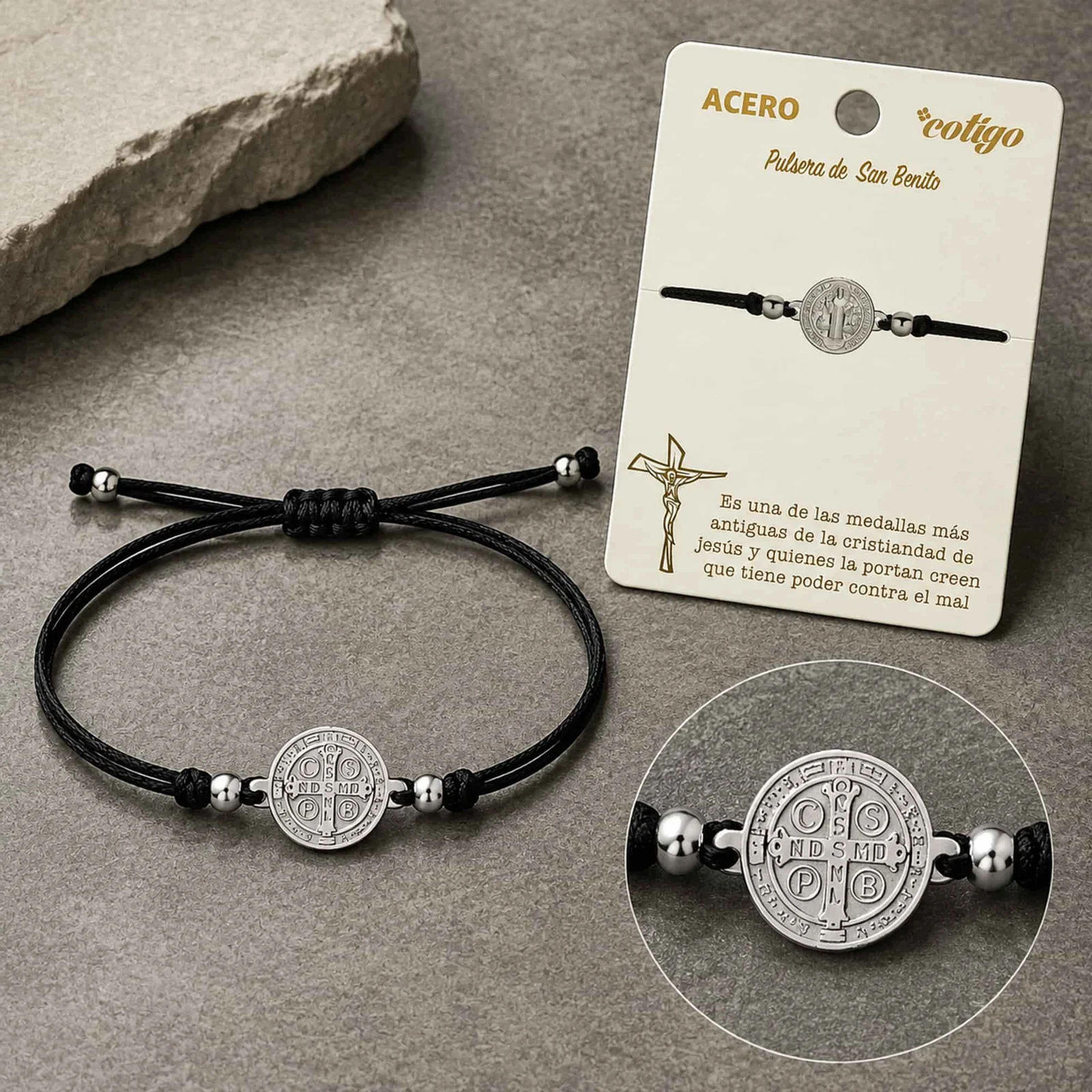 PULSERA HILO ENCERADO NEGRO-SANBENITO PLATEADO