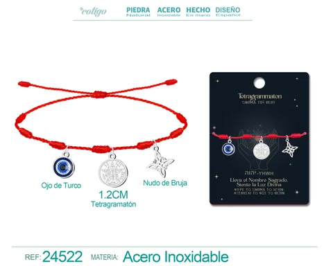 PULSERA 7 NUDOS CON TETRAGRAMMATON  NUDO DE BRUJA Y OJO TURCO ACERO PLATEADO