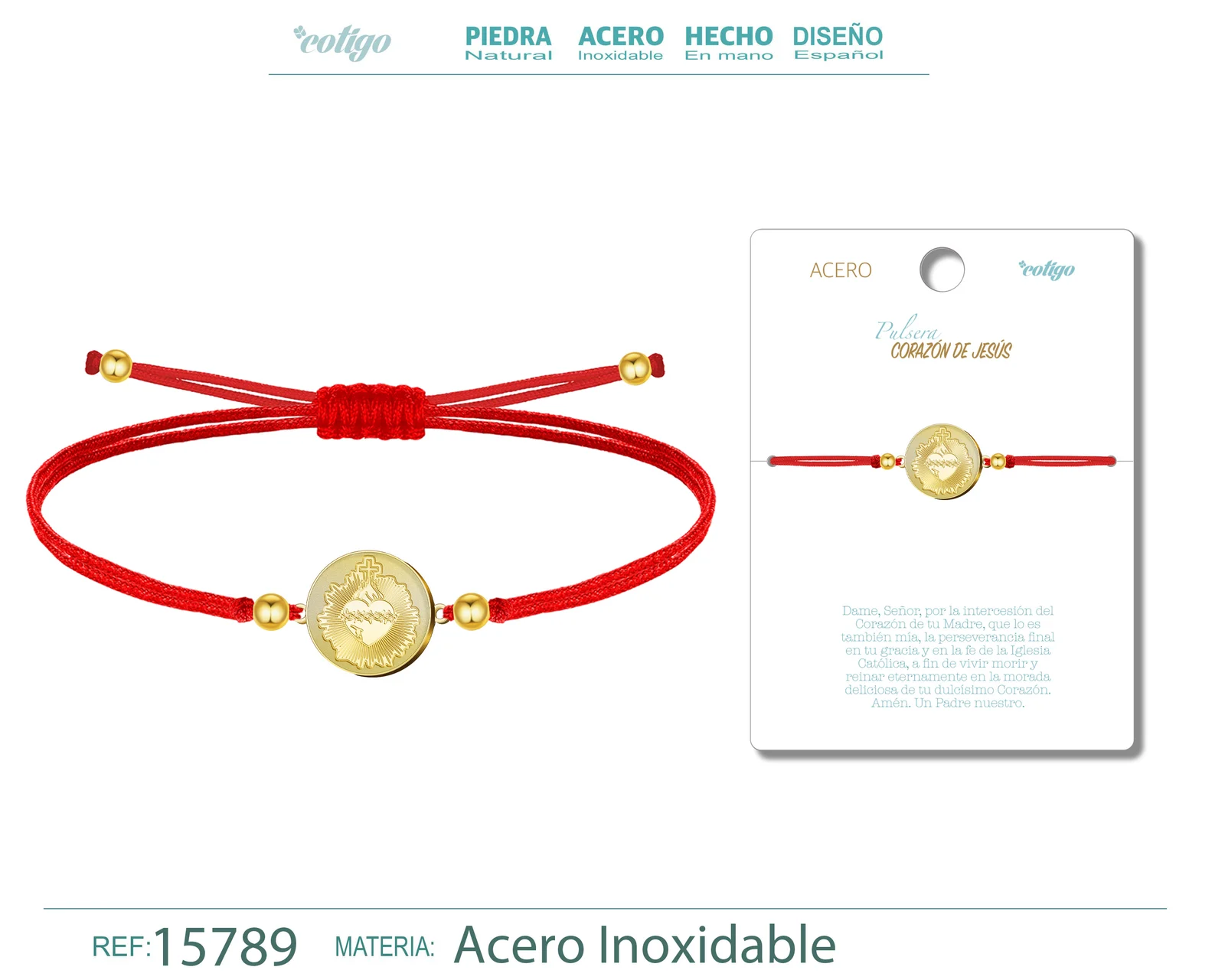 PULSERA HILO ENCERADO CON CORAZON DE JESUS COLOR DORADO
