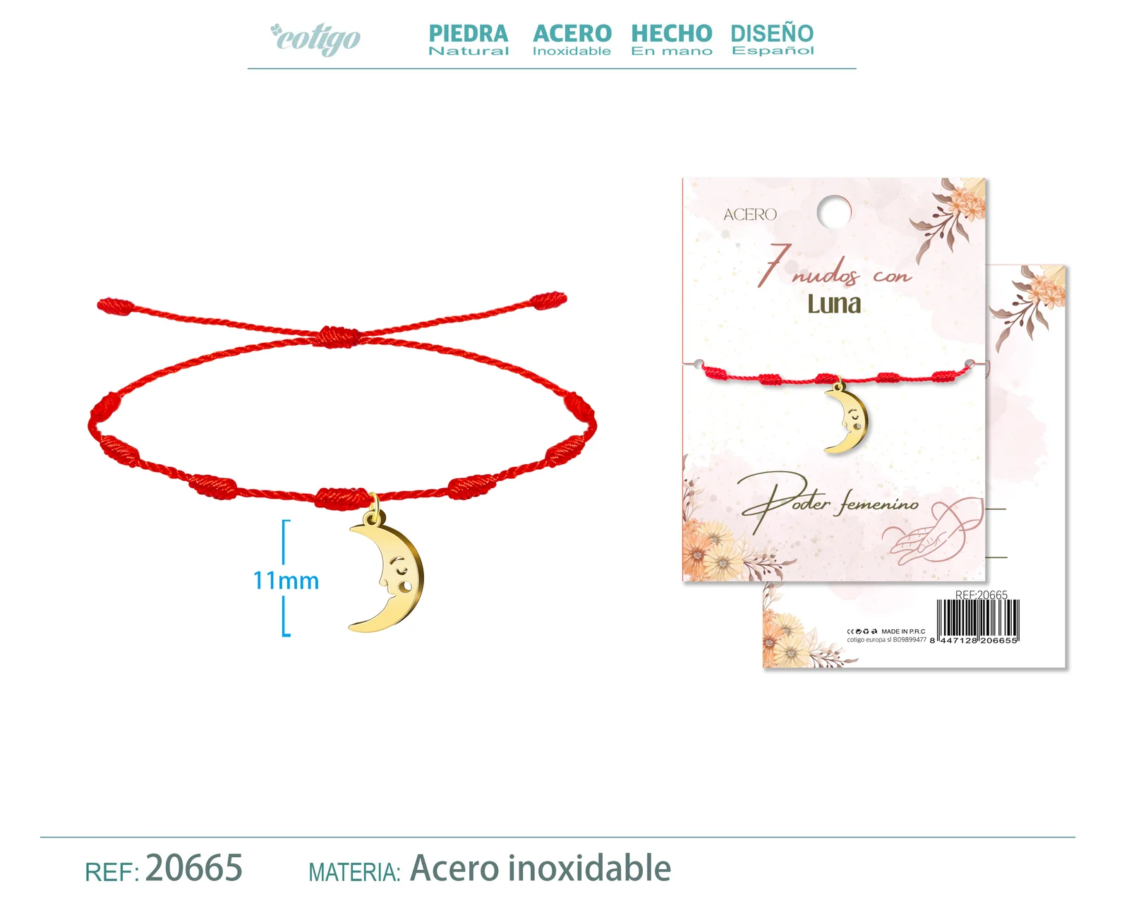 PULSERA 7 NUDOS CON LUNA COLOR DORADO