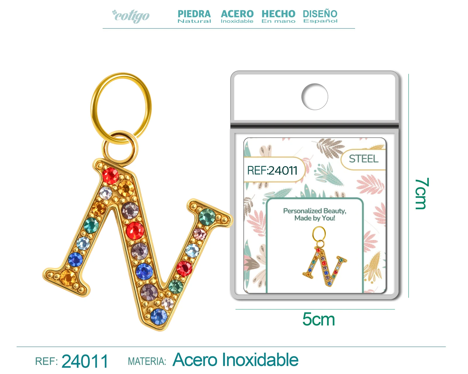 CHARM DE LETRA N ACERO COLOR DORADO CON CIRCONITA