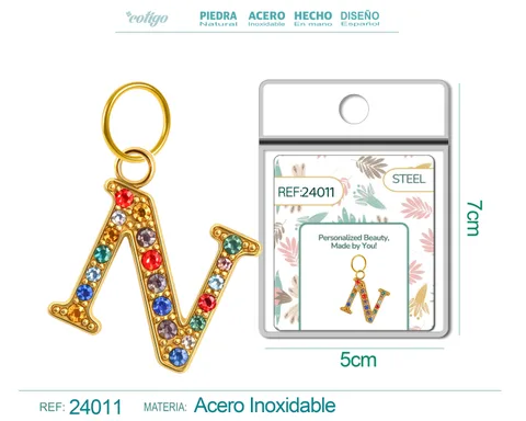 CHARM DE LETRA N ACERO COLOR DORADO CON CIRCONITA