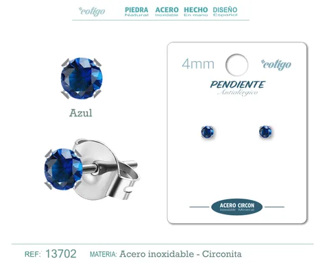 PENDIENTE CIRCONITA REDONDO-AZUL-4MM-BASE ACERO PLATEADO