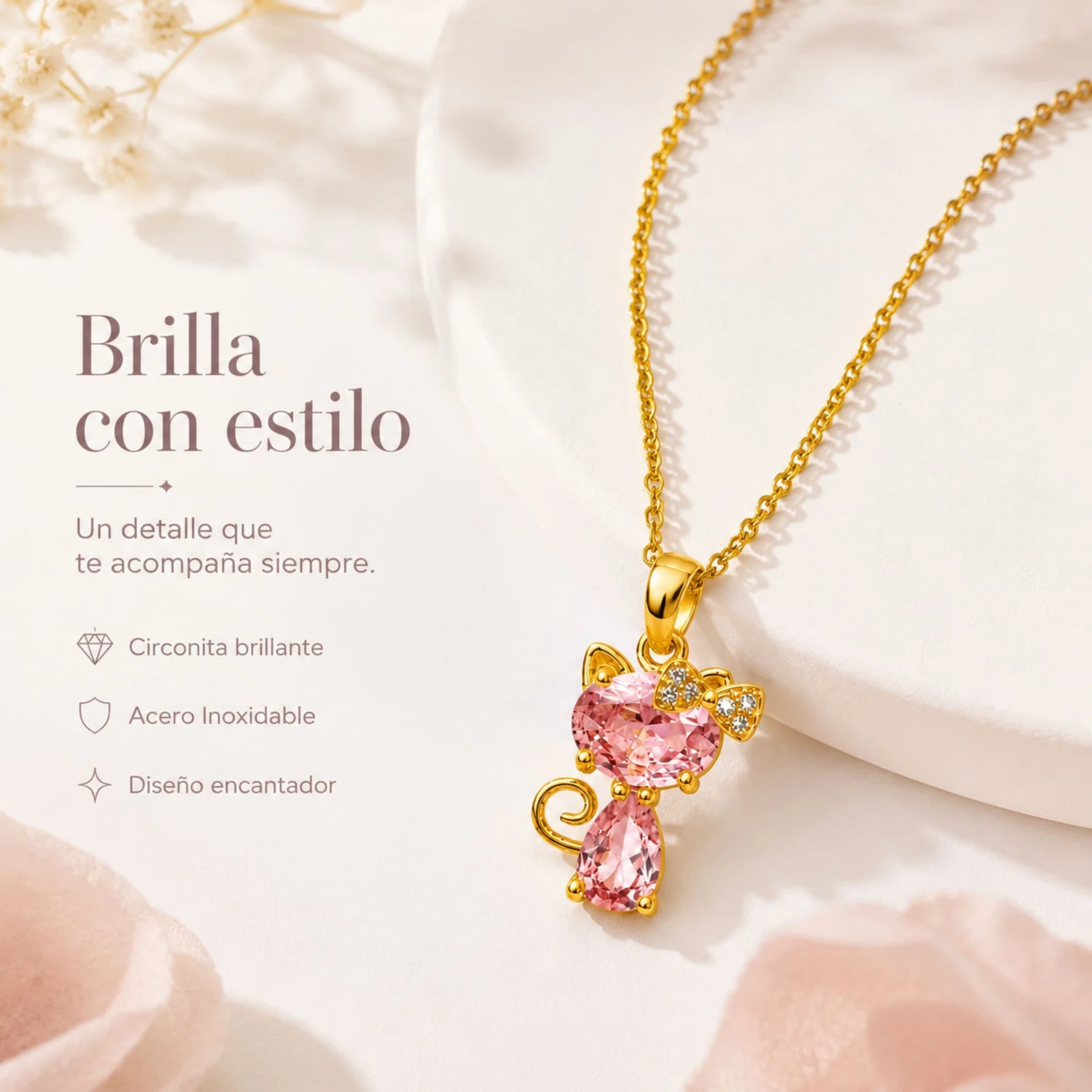 Colgangte Cobre con Circonita Colar Dorado y Cadena Acero