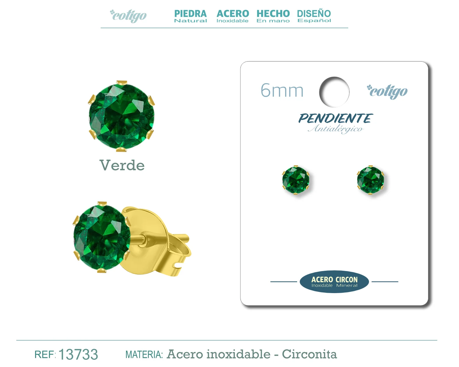 PENDIENTE CIRCONITA REDONDO-VERDE-6MM-BASE ACERO DORADO