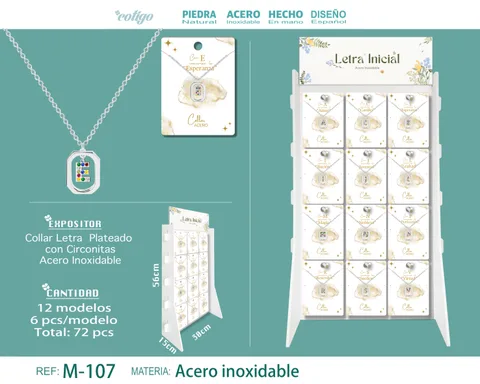 Expositor de Collar Letra Acero con Circonita color Plateado