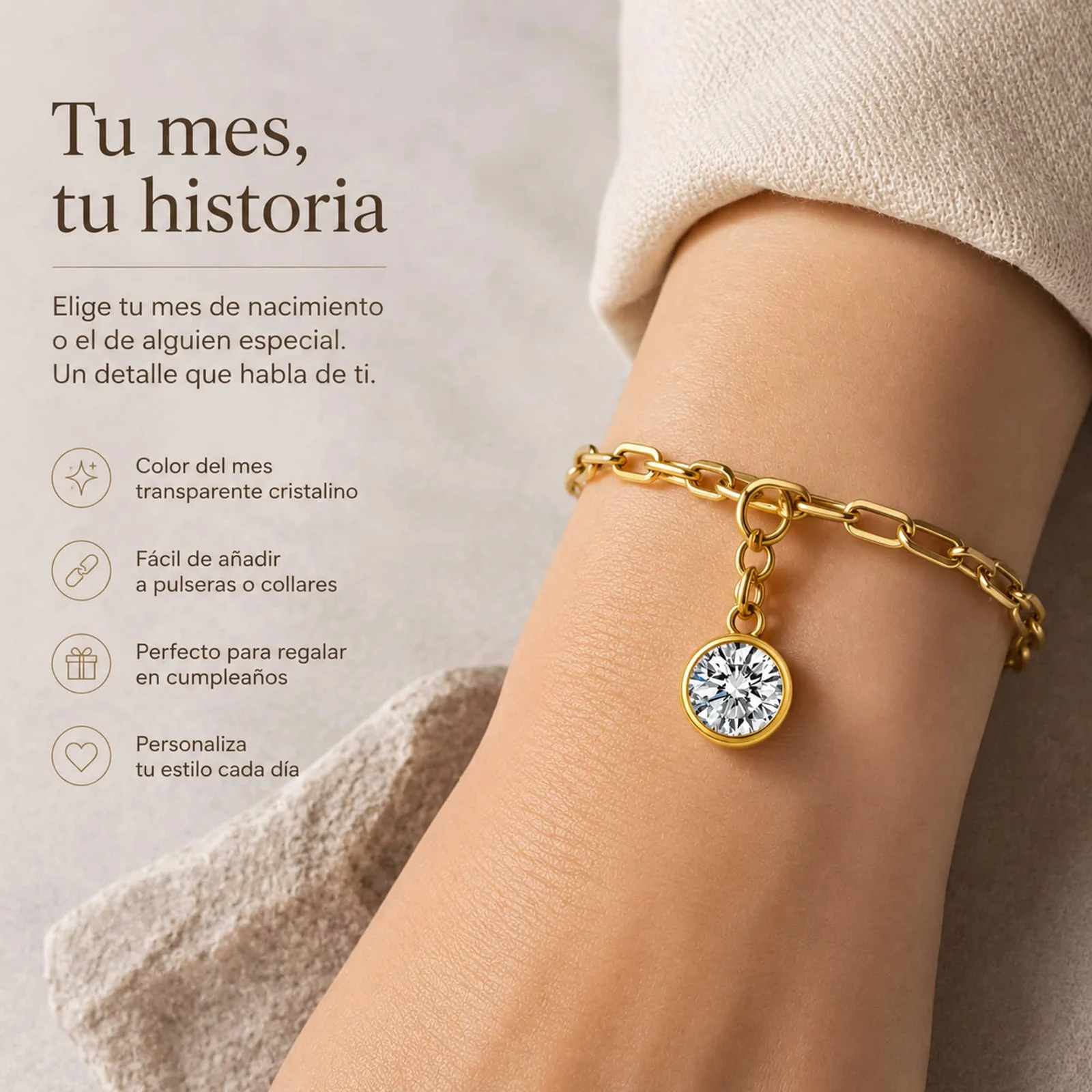 CHARM ACERO DORADO CON PIEDRA NACIMIENTO DE ABRIL-CON CIERRE