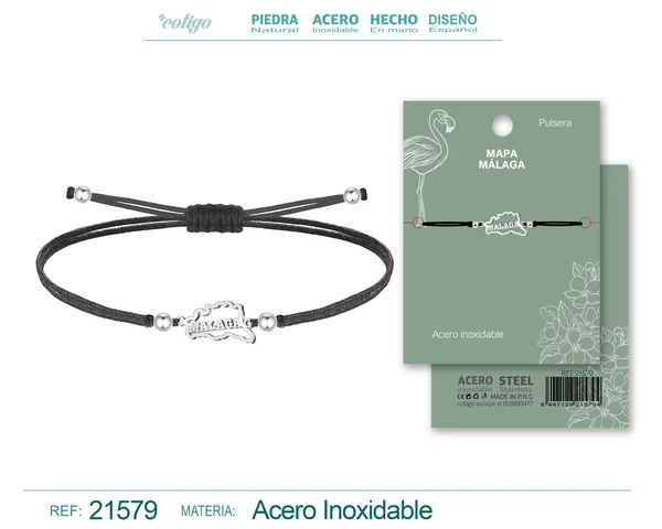 PULSERA HILO ENCERADO CON MAPA DE MALAGA ACERO PLATEADO