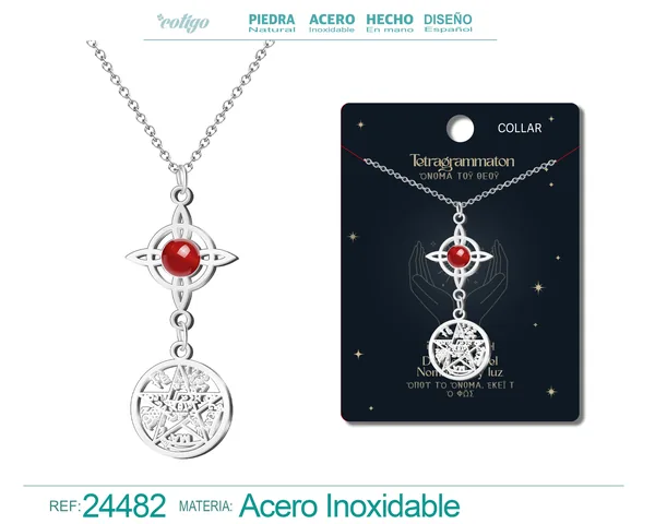 COLLAR TETRAGRÁMATON CON NUDO DE BRUJA ACERO INOXIDABLE Y PIEDRA CARNEOLA